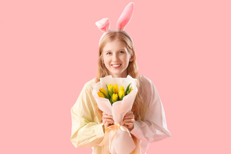 Young girl with Easter bunny ears and flowers on pink background