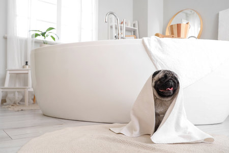 Cute pug dog with towel after washing in bathroomの写真素材