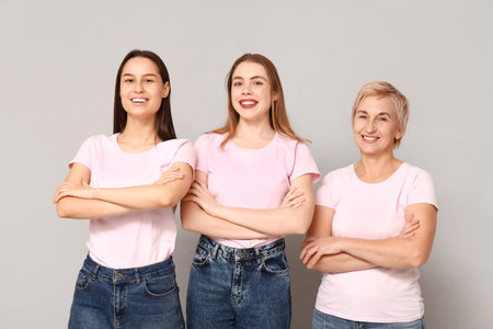 Portrait of beautiful women on gray background. Women history monthの写真素材