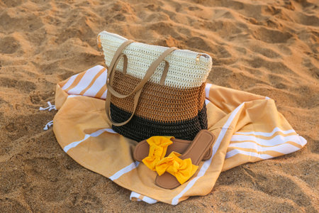 Stylish beach bag, towel and female shoes on sandの写真素材