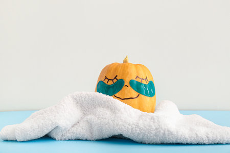 Pumpkin with under-eye patches and towel on blue tableの写真素材