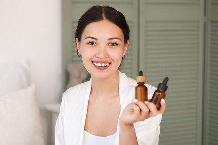 Beautiful Asian woman with serum in bedroom, closeupの写真素材