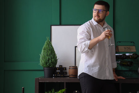 Young sommelier with glass of wine in living roomの写真素材
