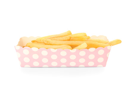 Paper box with tasty French fries isolated on white backgroundの写真素材