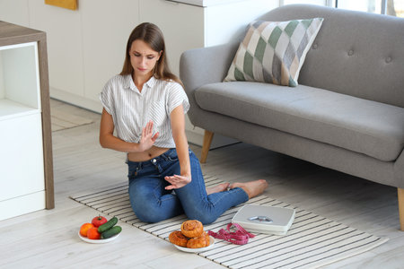 Young woman with measuring tape and scales choosing between healthy and unhealthy food in living...