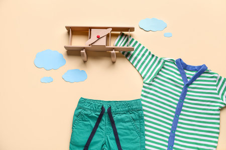 Composition with baby clothes, toy plane and paper clouds on color backgroundの写真素材