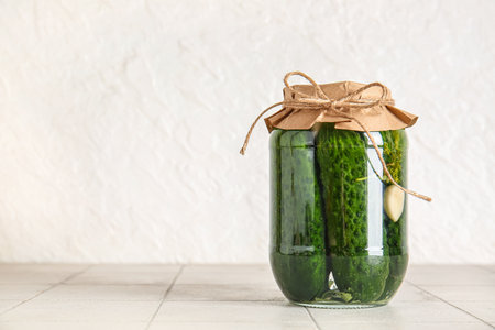 Jar with canned cucumbers on tableの写真素材