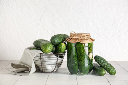 Jar with canned cucumbers and fresh vegetables on tableの写真素材