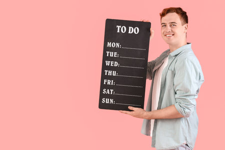 Thoughtful young redhead man with empty to-do list on pink backgroundの写真素材