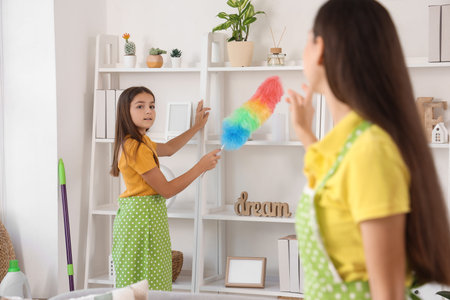 Happy mother with her little daughter cleaning at home