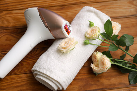 Modern photoepilator with bath towel and beautiful flowers on brown wooden backgroundの写真素材