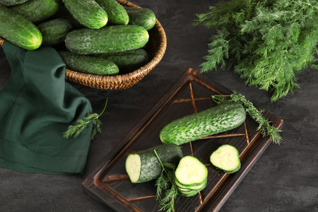 Wooden board and wicker bowl with fresh cucumbers on black backgroundの写真素材