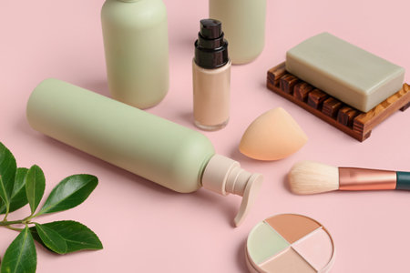 Set of cosmetic products and makeup accessories on pink backgroundの写真素材