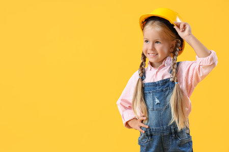 Cute little builder girl on yellow backgroundの写真素材