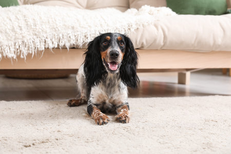 Cute cocker spaniel dog lying on carpet in living room