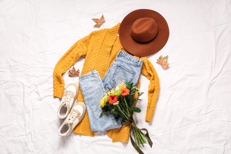 Beautiful autumn composition with stylish clothes, leaves and bouquet of flowers on white bed sheetの写真素材