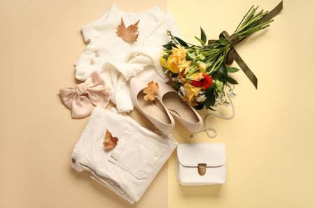 Beautiful autumn composition with stylish clothes, leaves and bouquet of flowers on beige backgroundの写真素材