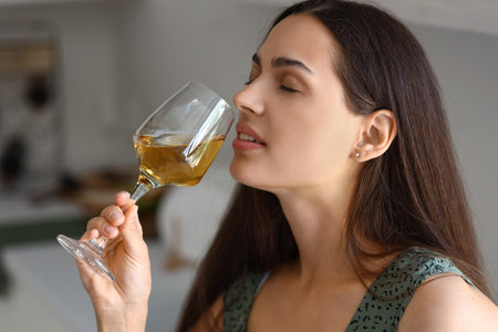 Young woman with glass of wine in kitchen, closeupの写真素材