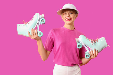 Young woman dressed as doll with roller skates on purple background