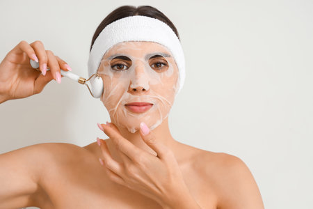 Pretty young woman with facial sheet mask and massage roller on gray backgroundの写真素材