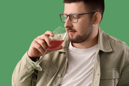 Young sommelier tasting wine on green background, closeupの写真素材