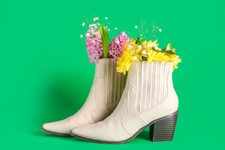 White boots with flowers on green background