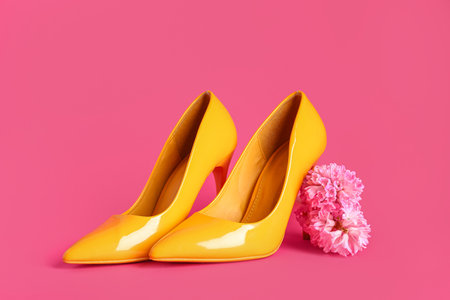 Yellow high heels with flowers on pink backgroundの写真素材