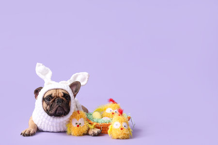 Cute French bulldog in bunny costume with toys chick and Easter eggs on lilac backgroundの写真素材