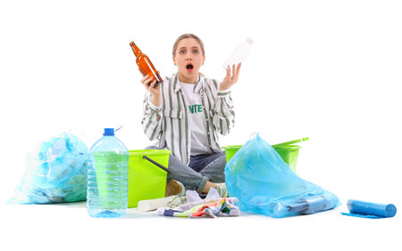 Shocked female volunteer sorting garbage on white background