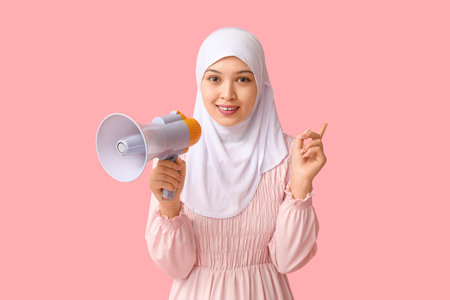 Young Asian Muslim woman with megaphone pointing at something on pink background. National Be Heard Dayの写真素材
