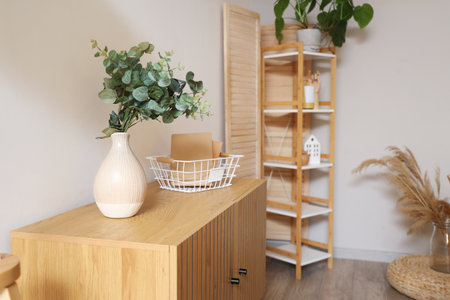 Vase with eucalyptus and books on commode in living roomの写真素材