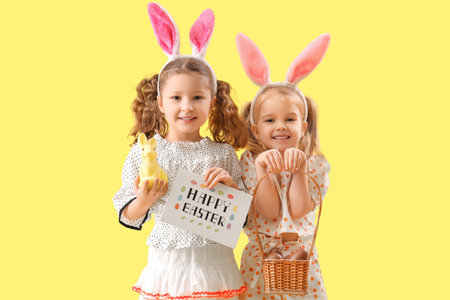 Cute little girls in bunny ears with chocolate Easter eggs and card on yellow backgroundの写真素材