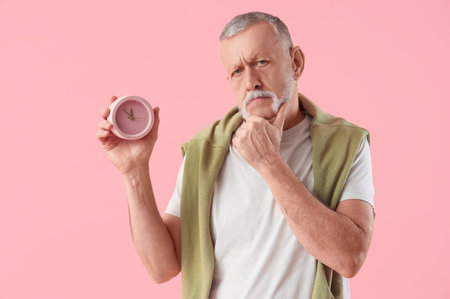 Thoughtful mature man with alarm clock on pink backgroundの写真素材