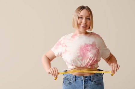 Pretty young woman in loose jeans measuring her waist on beige background. Weight loss concept