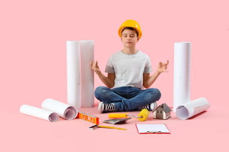 Little architect with supplies meditating on pink backgroundの写真素材