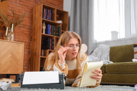 Female author with notebook and vintage typewriter lying on floor at home
