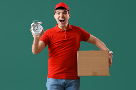 Male courier with alarm clock and parcel on green backgroundの写真素材