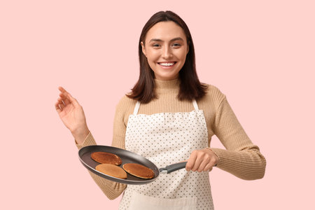 Happy young woman frying tasty pancakes on pink backgroundの写真素材