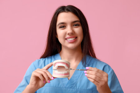 Female dentist with jaw model and tool on pink background. World Dentist Dayの写真素材