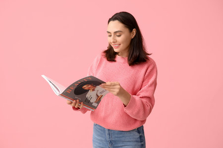 Beautiful young woman with magazines on pink backgroundの写真素材
