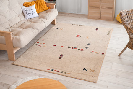 Stylish carpet on floor in living roomの写真素材