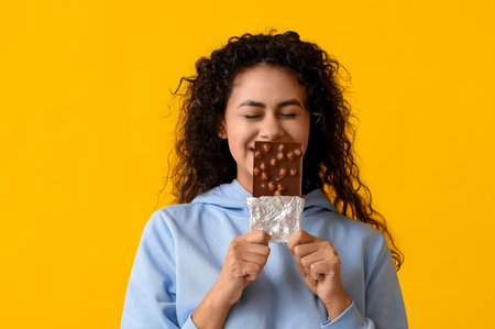 Beautiful young African-American woman with sweet chocolate bar on yellow background