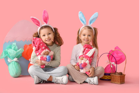 Cute little girls in bunny ears with gnomes and Easter eggs sitting on pink backgroundの写真素材