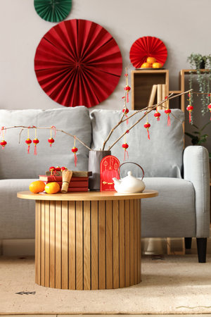 Coffee table with tangerines, teapot, greeting card and traditional decor for Chinese New Year celebration in living roomの写真素材