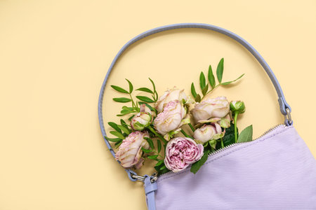 Stylish female handbag with beautiful flowers on color backgroundの写真素材