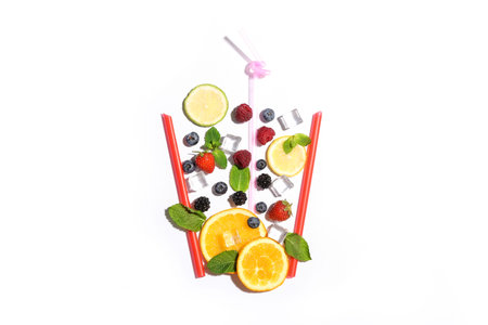 Composition with straws, ice cubes and ingredients for lemonade on white backgroundの写真素材