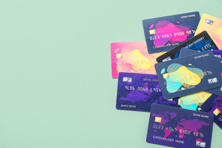 Credit cards on green backgroundの写真素材