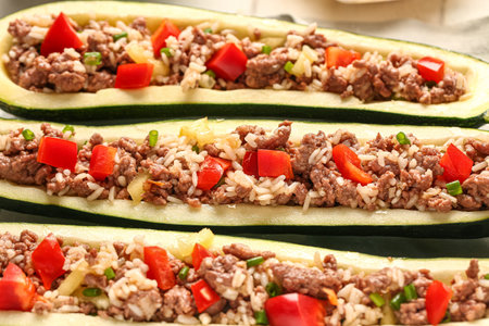 Meat stuffed zucchini boats on tableの写真素材