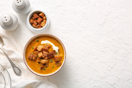 Bowl of tasty cream soup with croutons on white backgroundの写真素材