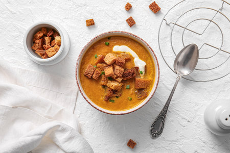 Bowl of tasty cream soup with croutons on white backgroundの写真素材